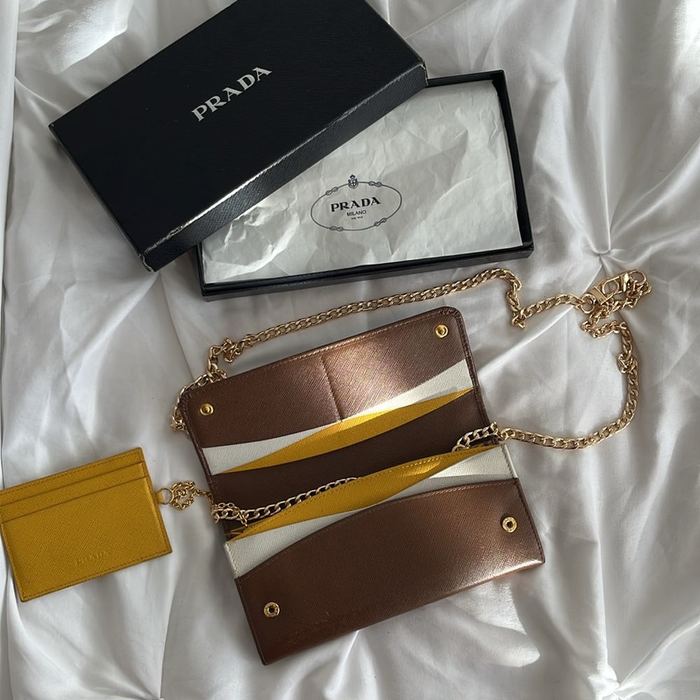 Prada EXTREMELY RARE Vintage Camel Yellow Ivory Saffiano Leather Wallet w/ Chain
